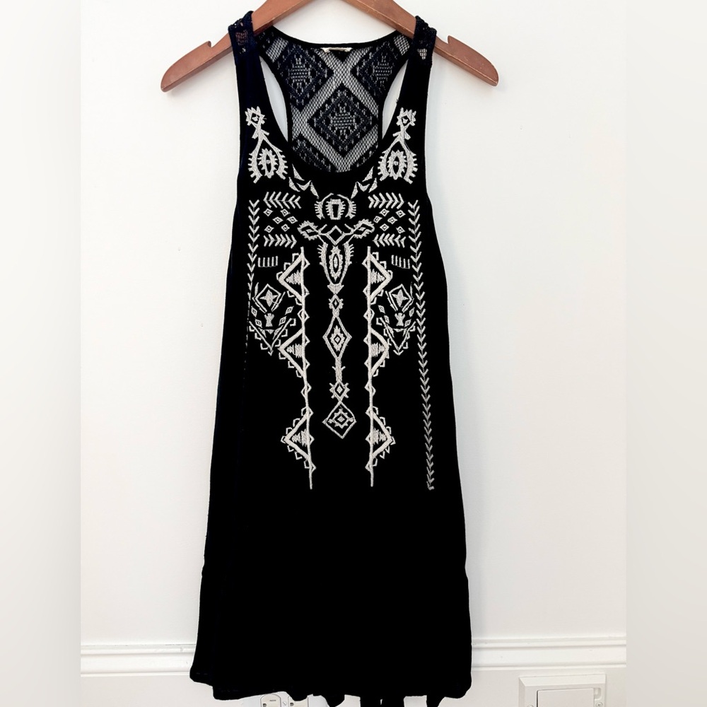 Hollister Women Dress Black Embroidery off White Lace Mesh Racer Back Size XS